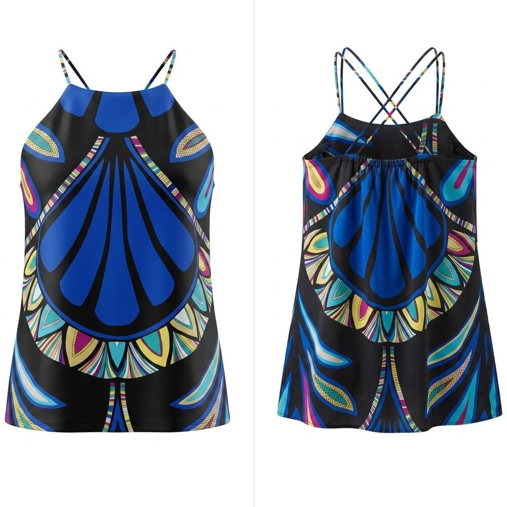 Nicole Miller Blue Geometric Halter Criss Cross Tank Top Women Size L